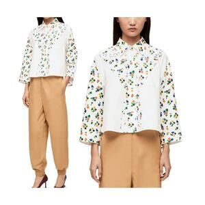 Loewe Flower Trapeze Shirt White Floral Cotton Blouse Open Back Tie Size 38 NWT